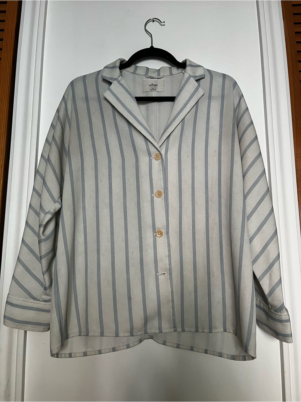 Aritzia Freeform Striped Button-Down Shirt in Light Gray and Cream